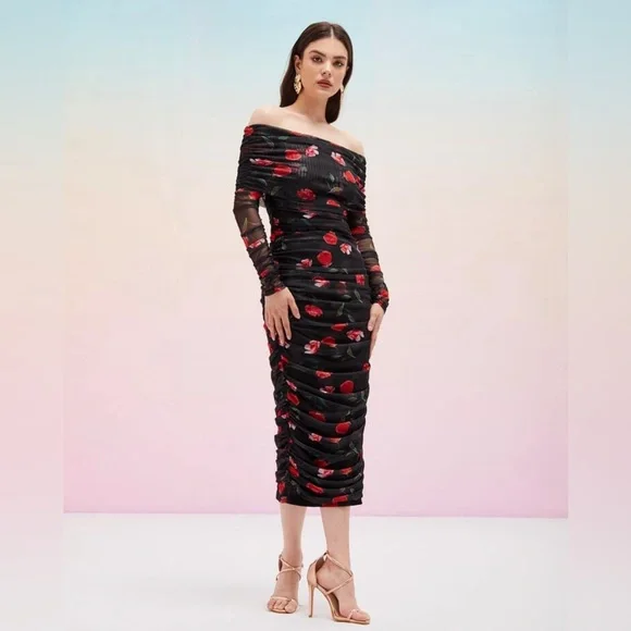 Elegant Black and Red Floral Off-Shoulder Dress - Picture 1 of 5